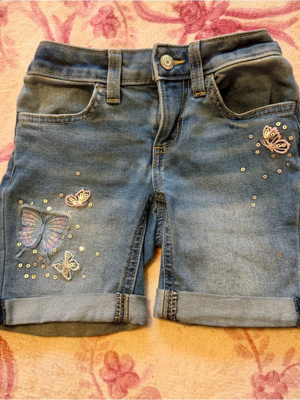SO Girls' Denim Butterfly Embroidered Shorts - Blue with Pink Accents